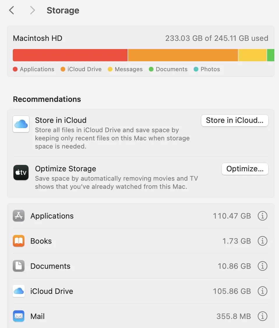 MacBook Sistem Ayarları Genel Depolama bölümü